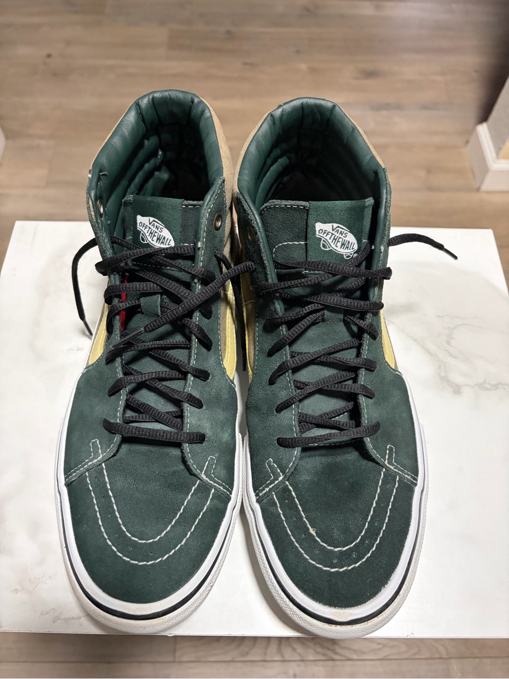 Vans High-Top Sneakers in Dark Green with Yellow Side Stripe
